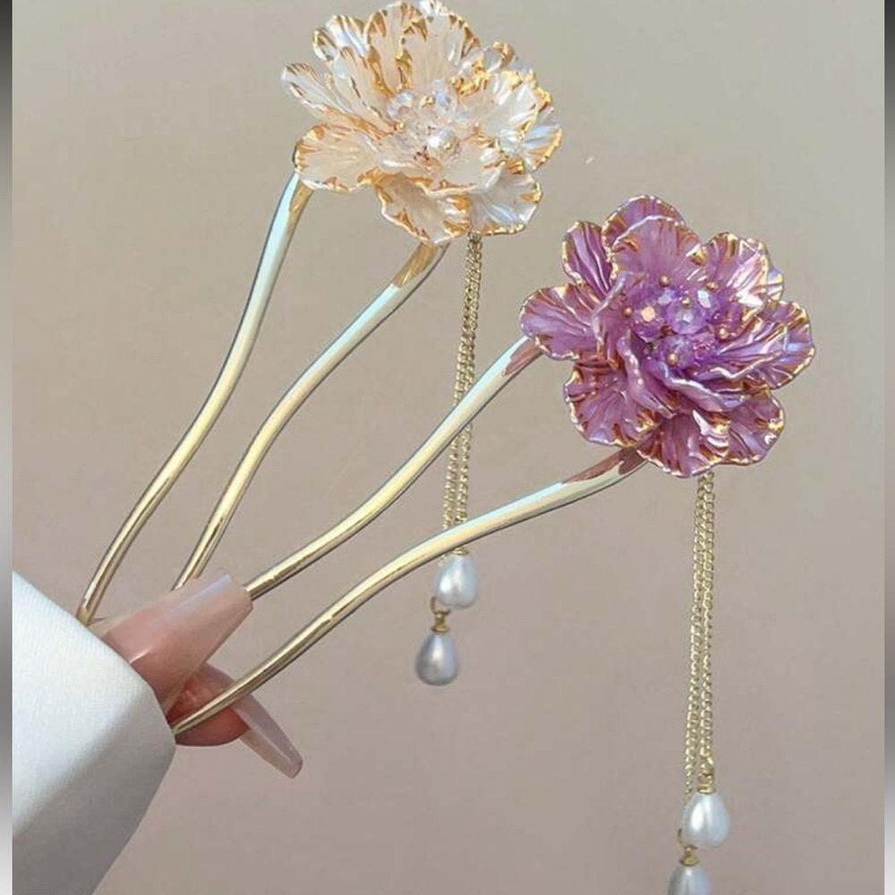 Floral Peony Hairpins with Pearl Accents